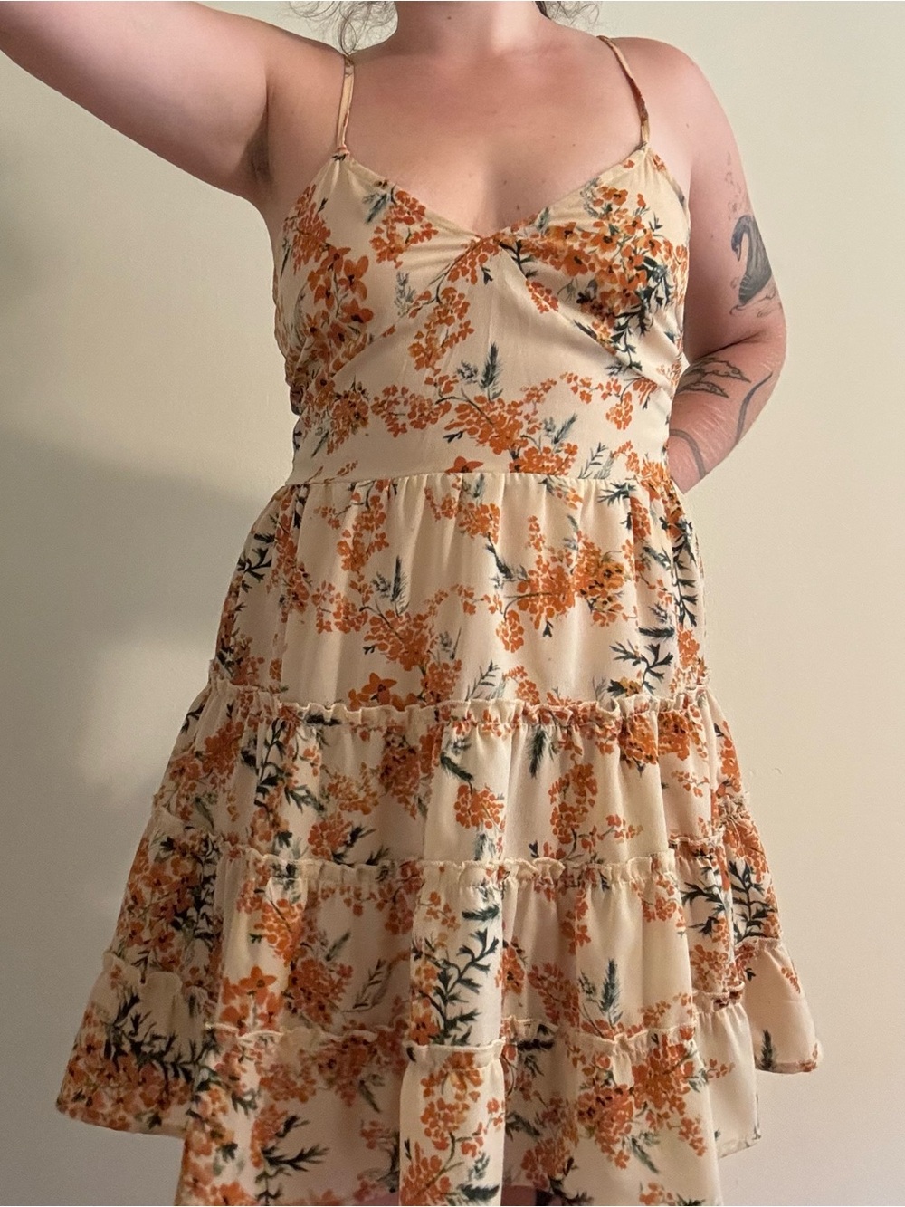 Sleeveless Floral Tiered Sundress in Cream and Orange